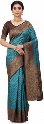 Aakriti Creation Floral Print, Self Design Banarasi Cotton Silk Saree(Blue)