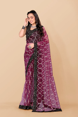 JAY RAMDEV FASHION Embroidered Bollywood Net Saree(Purple)