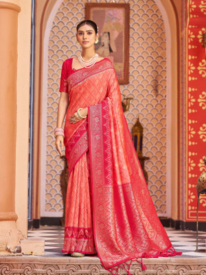 all about you Woven Bollywood Cotton Silk Saree(Red)
