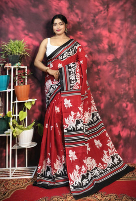 SARATHITEXTILE Color Block Hand Batik Cotton Blend Saree(Red)