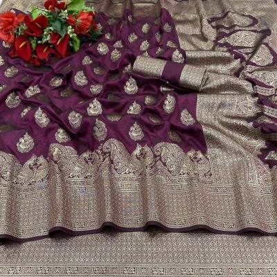 KanjiQueen Woven, Self Design Banarasi Silk Blend, Pure Silk Saree(Magenta, Gold)