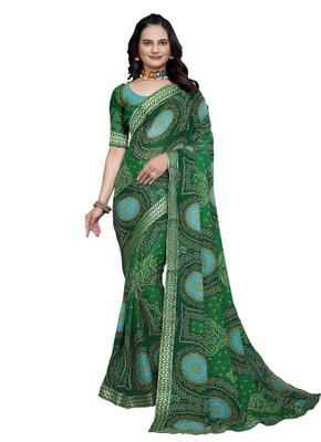Anmi Printed Bandhani Georgette Saree(Green)