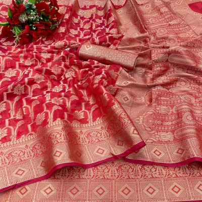 Red cloth Self Design, Woven Kanjivaram Organza Saree(Multicolor)