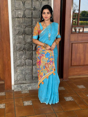 AMRUTKALA SAREES Printed Bollywood Linen Saree(Blue)