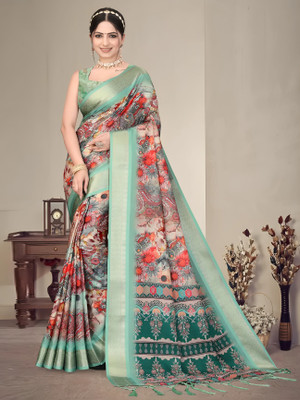 KB DESIGNER Floral Print, Printed, Woven Dharmavaram Cotton Silk Saree(Beige, Blue, Multicolor)