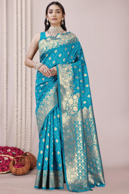 MIRCHI FASHION Woven, Embellished Banarasi Silk Blend Saree(Light Blue, Gold)