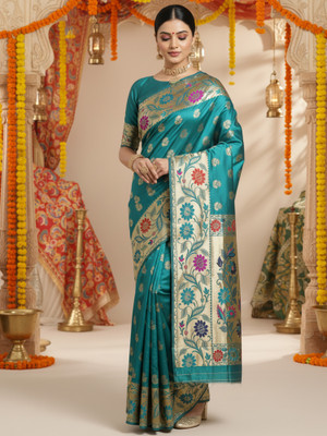 Sareemall Woven Banarasi Silk Blend Saree(Green)