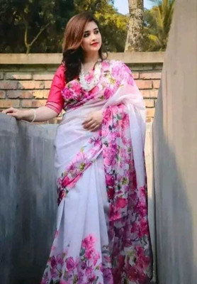 JASH FASHION Digital Print Bollywood Dupion Silk Saree(White)