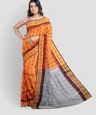 ZainR Self Design, Temple Border Sambalpuri Cotton Silk Saree(Orange)