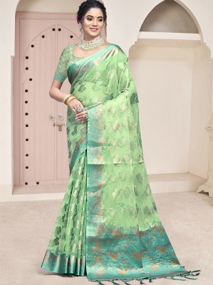 BUNAWAT Self Design Handloom Organza Saree(Light Green)