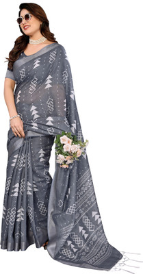 Myraani Floral Print Daily Wear Cotton Linen Saree(Grey)