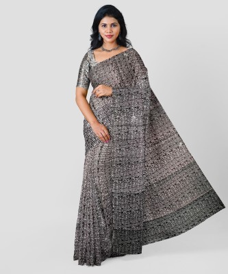 R K ENTERPRISE Printed Ikkat Pure Cotton Saree(White, Black)