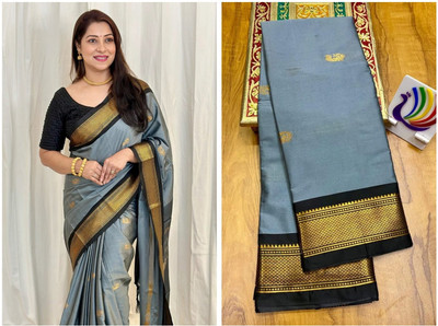 Fab Silk Woven Paithani Cotton Silk Saree(Grey, Black)
