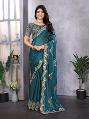 SICHYAH Embroidered, Embellished Bollywood Jimmy choo, Georgette Saree(Blue)