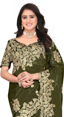 Mortile Designer Studio Embroidered Bollywood Georgette, Chiffon Saree(Green)