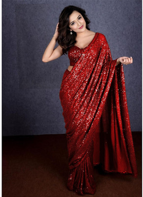 SANSKAR TEXTILE Embroidered, Embellished Bollywood Georgette Saree(Red)