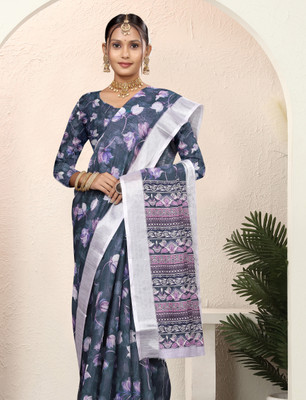 Gajal Printed, Woven Kanjivaram Pure Cotton, Cotton Linen Saree(Dark Blue)