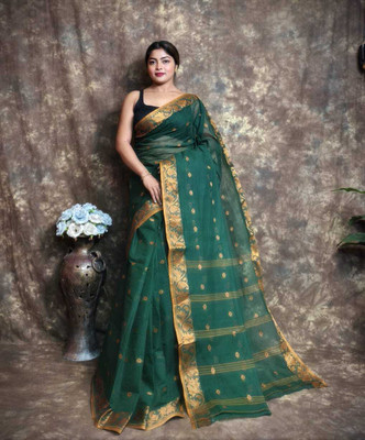maa textile Floral Print, Woven Tant Cotton Blend Saree(Green)