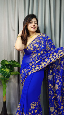 Dona Sharee Embroidered Bollywood Silk Blend Saree(Blue)