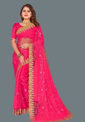 FINERFLY Embroidered Bollywood Net Saree(Magenta)