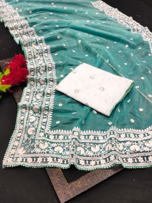 Muskaan Embroidered, Floral Print Bollywood Net Saree(Light Blue, White)