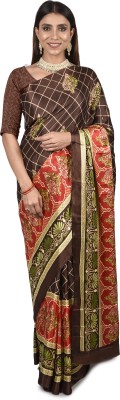 Guru Alankar Printed Daily Wear Silk Blend Saree(Brown)