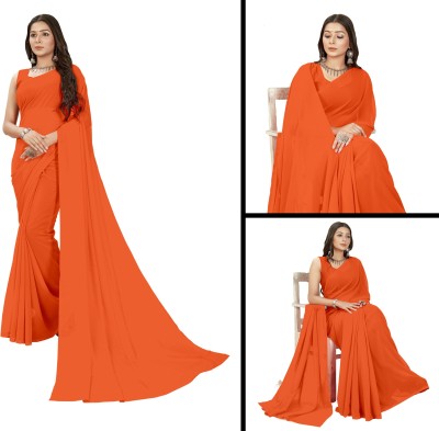 V And V Shop Solid/Plain Daily Wear Georgette Saree(Orange)