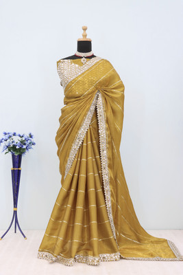KRISHNACOLLECTION9 Embroidered, Self Design, Temple Border Leheria Jimmy choo Saree(Yellow)