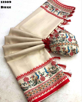 Lyrox Fashion Floral Print, Printed, Solid/Plain Daily Wear Silk Blend Saree(Cream)