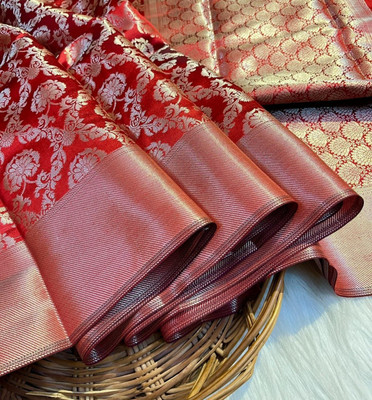 MJAfabric Woven Banarasi Art Silk Saree(Red)