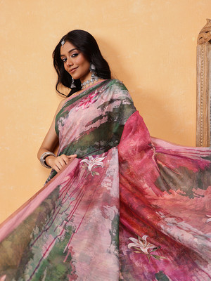 SILK ZONE Printed Chanderi Cotton Blend Saree(Multicolor)