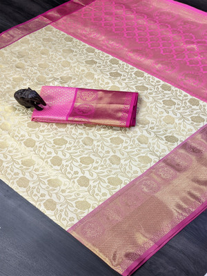 yourwish Woven, Checkered, Embellished, Self Design Kanjivaram Jacquard, Cotton Silk Saree(Cream, Pink, Gold)