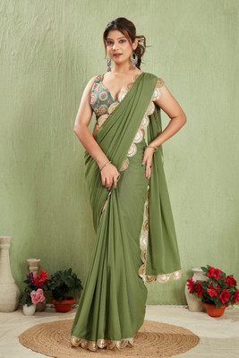 JERAVI Enterprise Solid/Plain, Embroidered Daily Wear Georgette Saree(Light Green)