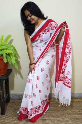 Happy Creation Printed Tant Handloom Cotton Blend Saree(White)