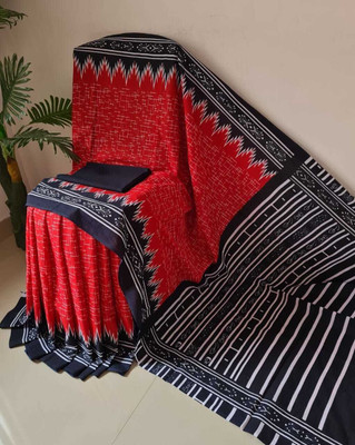 HIYAMI Blocked Printed, Color Block, Floral Print, Printed Ikkat Pure Cotton Saree(Red, Black)