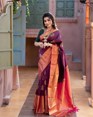 Bansari Textiles Printed, Self Design, Paisley, Woven, Embellished, Applique Banarasi Cotton Silk, Jacquard Saree(Magenta)