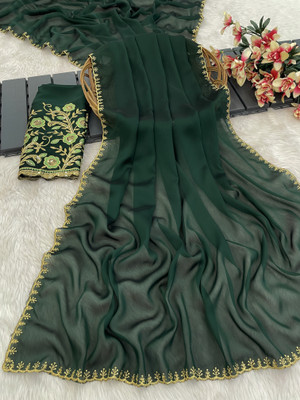 K 5 FASHION Self Design Bollywood Chiffon Saree(Dark Green)