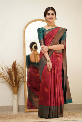 Khodal Zari Work Woven Kanjivaram Jacquard, Pure Silk Saree(Maroon)