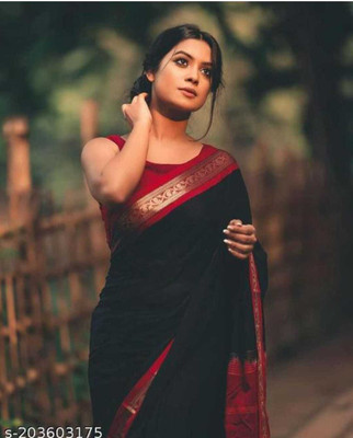VRINDITA FASHION Woven Kanjivaram Cotton Silk Saree(Black)