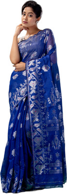 basak creation Woven Jamdani Cotton Blend Saree(Dark Blue)