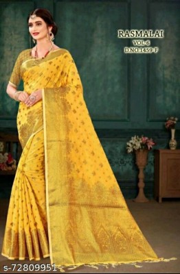 KREZVI Woven, Printed, Self Design, Floral Print Banarasi Cotton Silk, Jacquard Saree(Yellow)