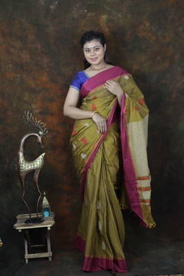 Kaàlors Woven Kanjivaram Pure Cotton Saree(Brown, Pink)