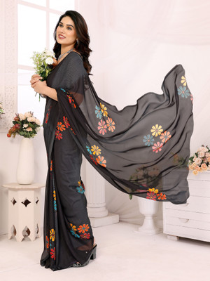 Soor Panchi Floral Print Daily Wear Georgette Saree(Black)