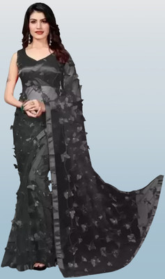 Sifoz Gallery Embroidered Assam Silk Net Saree(Black)