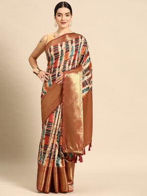 Divastri Digital Print Kanjivaram Silk Blend Saree(Beige)