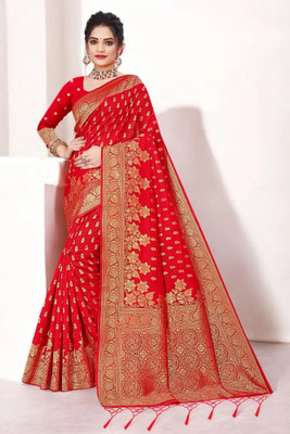 Pikham Self Design Banarasi Art Silk Saree(Red)