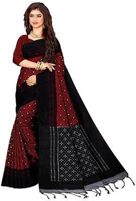 Bhadra Shopping Store Printed Ikkat Viscose Rayon, Cotton Blend Saree(Red)