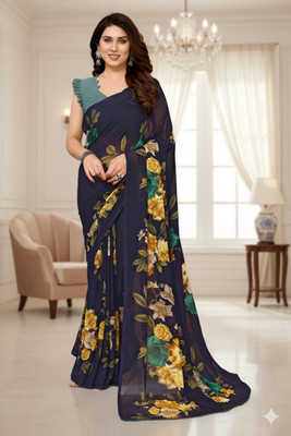 SmittenSmit Printed Bollywood Georgette Saree(Blue)
