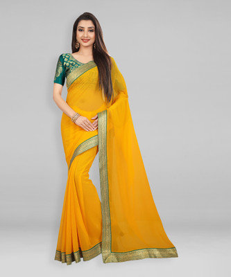 kashvi sarees Embellished, Woven, Solid/Plain Bollywood Chiffon Saree(Yellow)