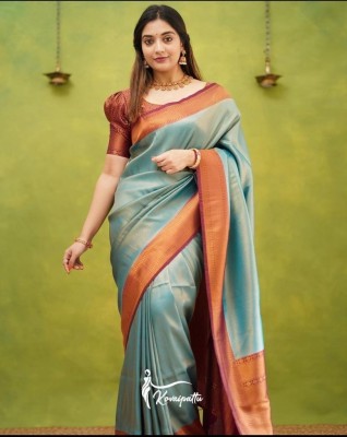 JIADIA Embellished, Woven, Self Design Kanjivaram Jacquard, Silk Blend Saree(Light Blue, Pink)